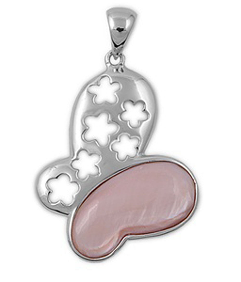 Sterling Silver Cute Cutout Butterfly Pendant Simulated Mother of Pearl Charm