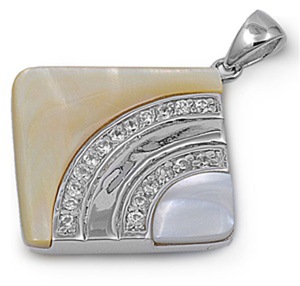 Sterling Silver Abstract Rounded Square Pendant Simulated Mother of Pearl Charm