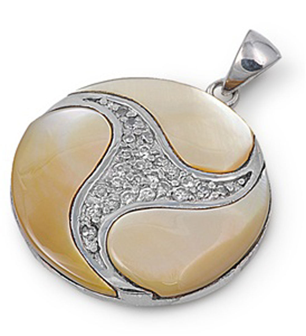 Sterling Silver Contrast Wave Swirl Pendant Simulated Mother of Pearl Charm