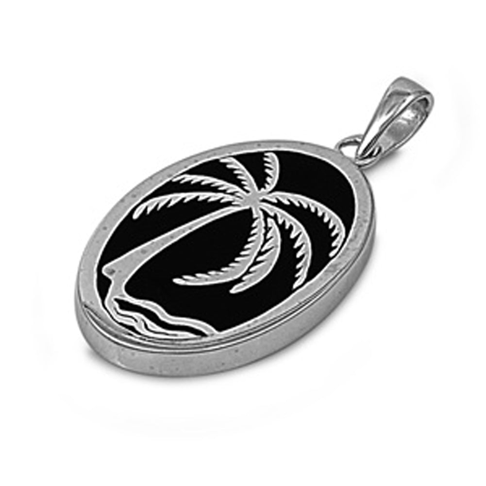 Dual Tone Palm Tree Pendant Black Simulated Onyx .925 Sterling Silver Charm