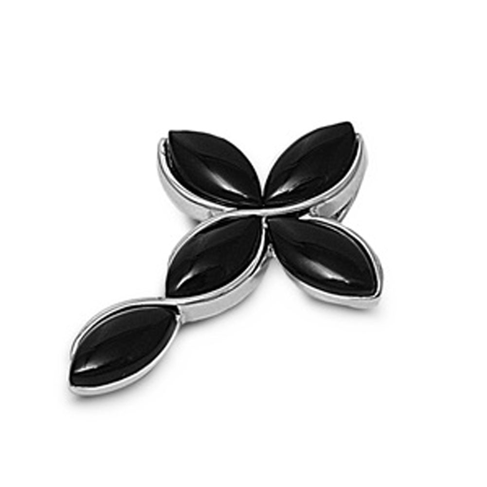 Sterling Silver Twisted Knot Petal Cross Pendant Black Simulated Onyx Charm