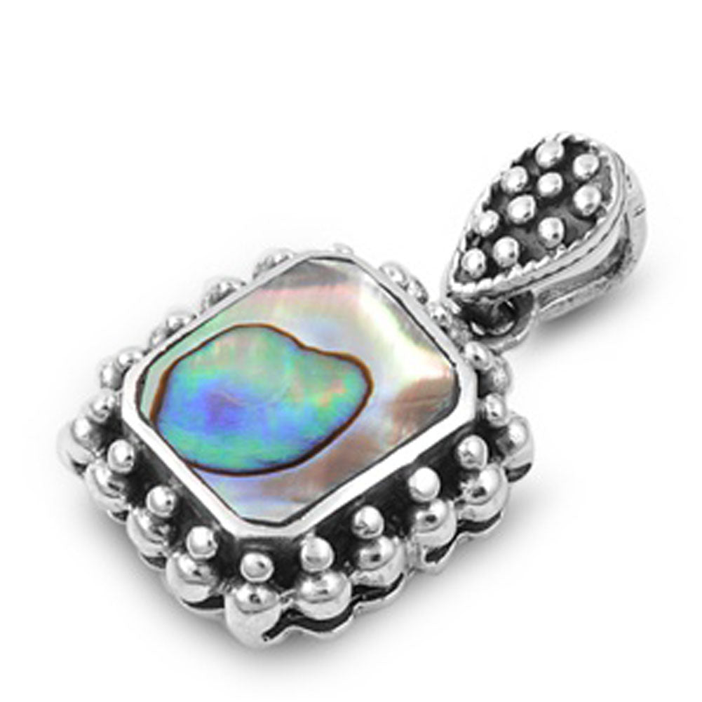 Bali Bead Square Pendant Simulated Abalone .925 Sterling Silver Oxidized Charm