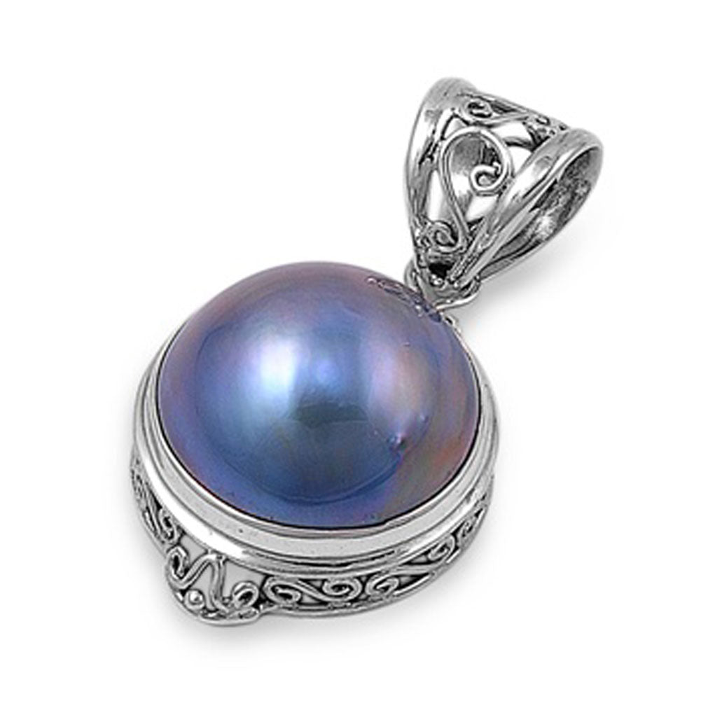 Elegant Filigree Circle Pendant Simulated Pearl .925 Sterling Silver Bali Charm