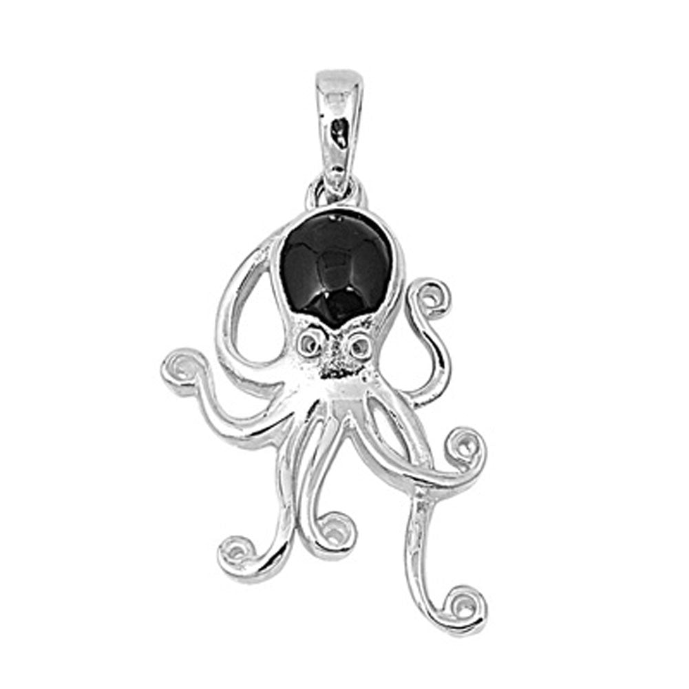 Cute Sea Octopus Pendant Black Simulated Onyx .925 Sterling Silver Ocean Charm