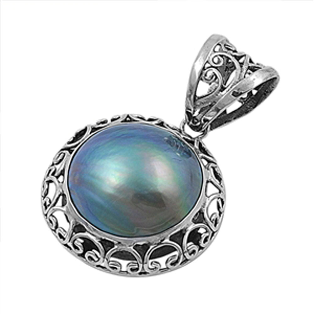 Polished Swirl Halo Pendant Simulated Pearl .925 Sterling Silver Filigree Charm