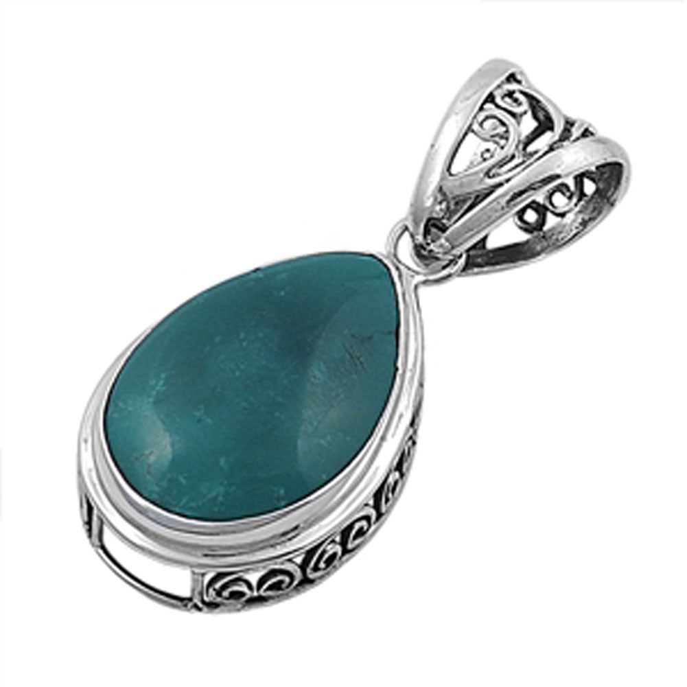 Teardrop Pear Filigree Pendant Simulated Turquoise .925 Sterling Silver Charm