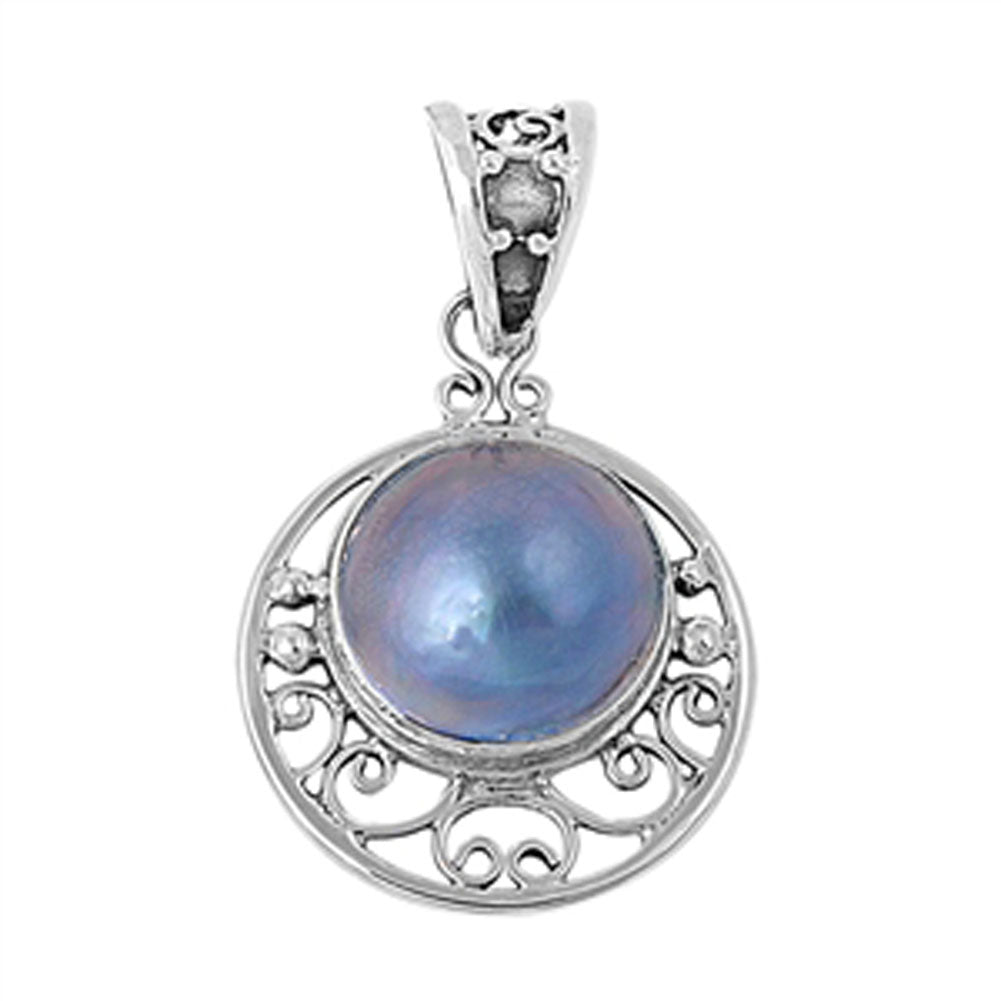 Ornate Filigree Swirl Circle Pendant Simulated Pearl .925 Sterling Silver Charm