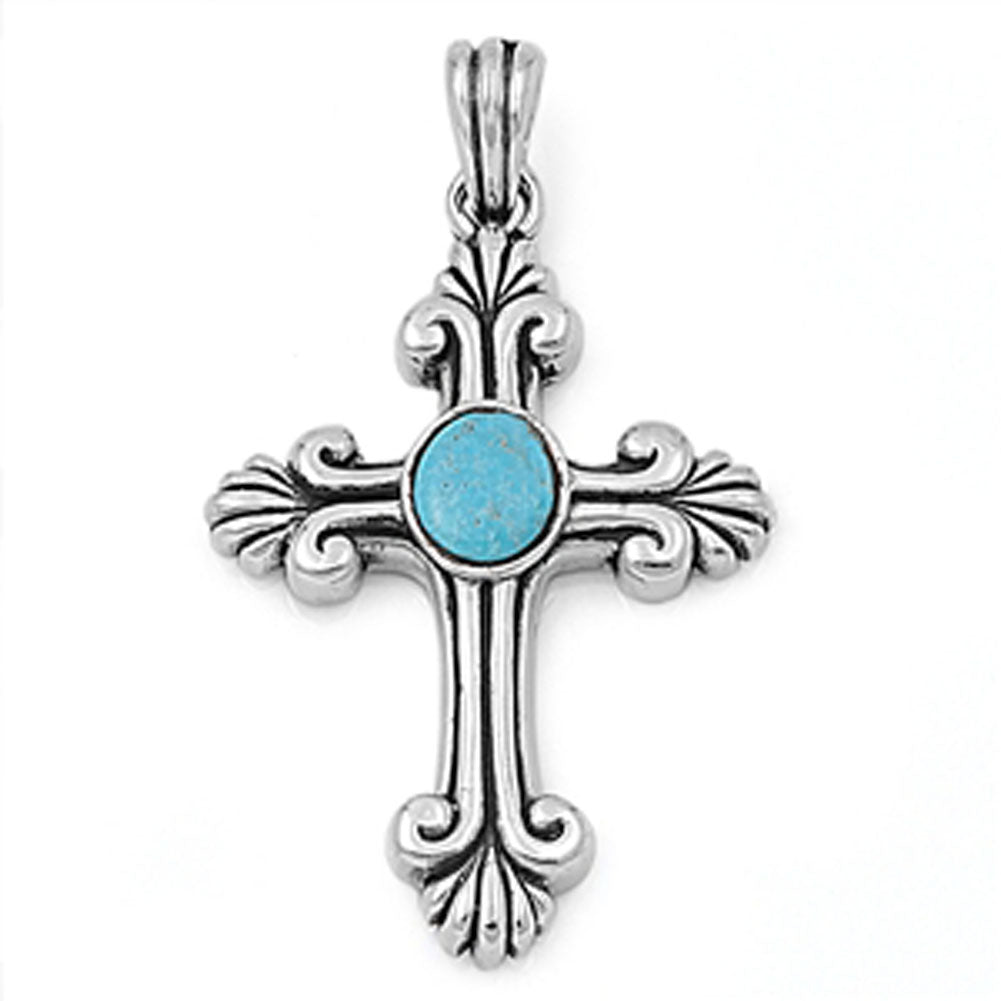 Oxidized Swirl Cross Pendant Simulated Turquoise .925 Sterling Silver Charm