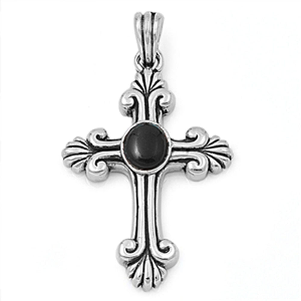 Sterling Silver Elegant Swirl Gothic Cross Pendant Black Simulated Onyx Charm