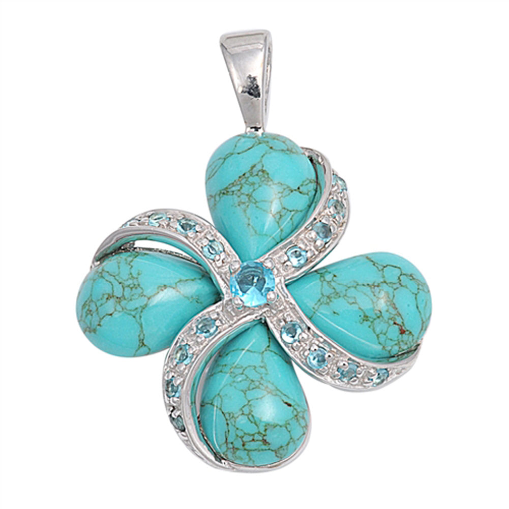 Sterling Silver Detailed Filigree Swirl Plumeria Simulated Turquoise Pendant