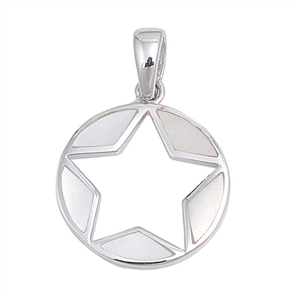 Sterling Silver Circle Fashion Cutout Star Pendant Simulated Mother of Pearl