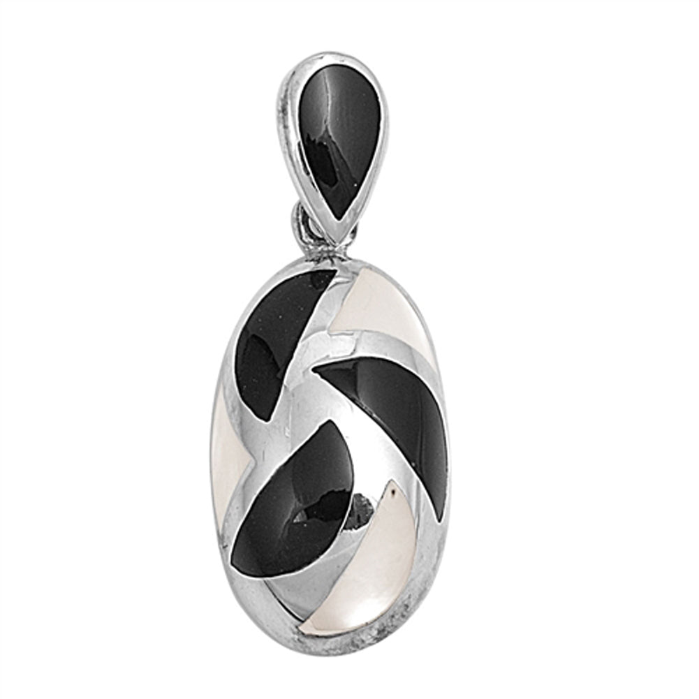 Sterling Silver Unique Modern High Polish Oval Pendant Black Simulated Onyx