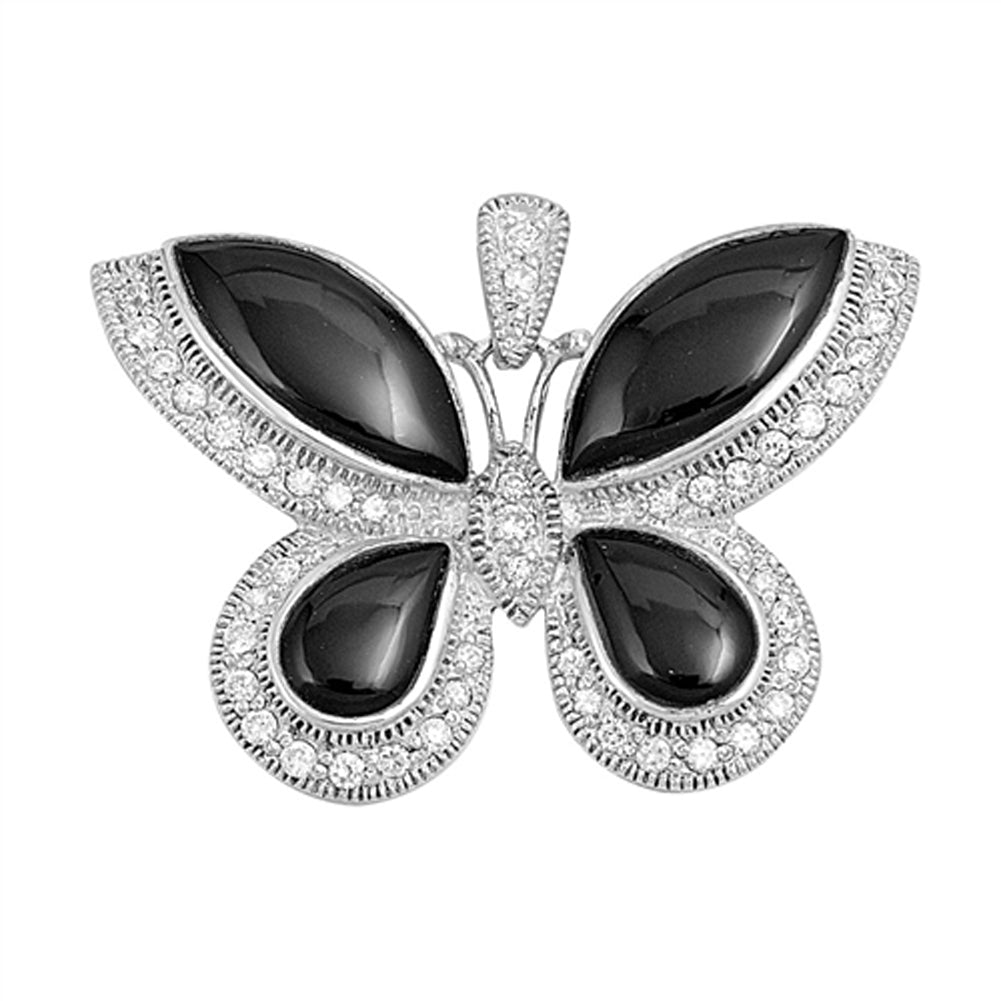 Large Fancy Butterfly Pendant Black Simulated Onyx .925 Sterling Silver Charm