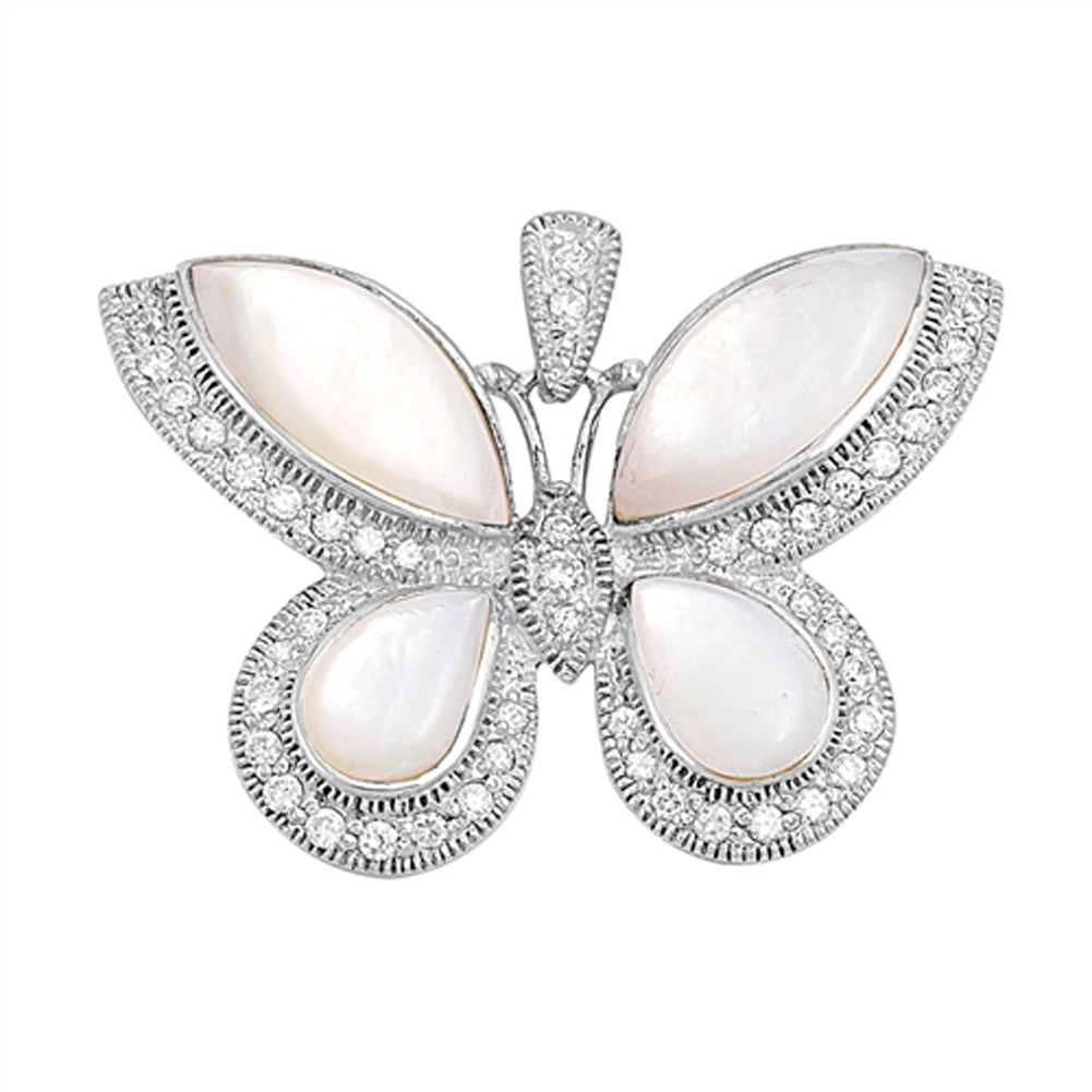 Sterling Silver Detailed Fancy Butterfly Simulated Mother of Pearl Pendant Charm