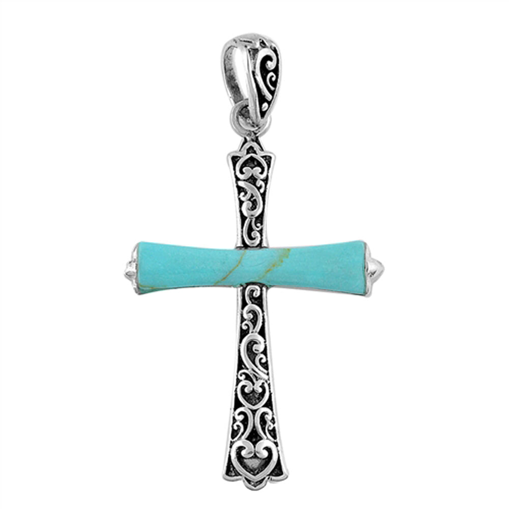 Sterling Silver Celtic Style Filigree Cross Pendant Simulated Turquoise Charm