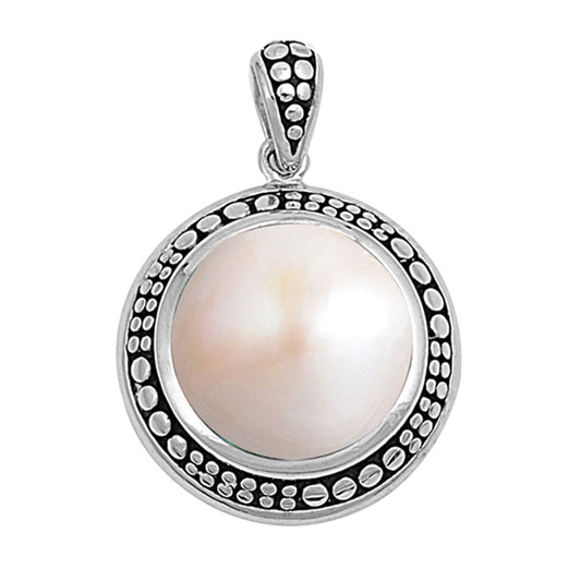 Bali Style Circle Pendant Simulated Mother of Pearl .925 Sterling Silver Charm