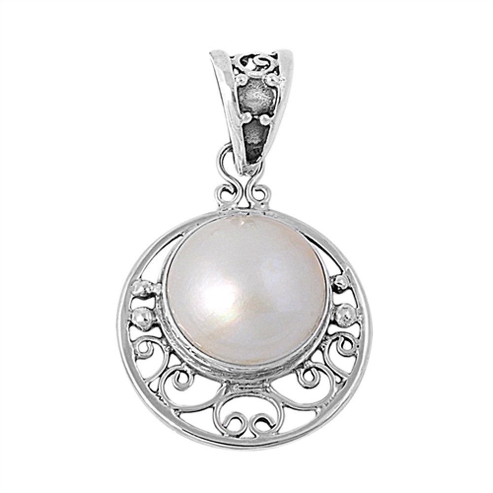 Sterling Silver Filigree Swirl Offset Double Circle Pendant Simulated Pearl