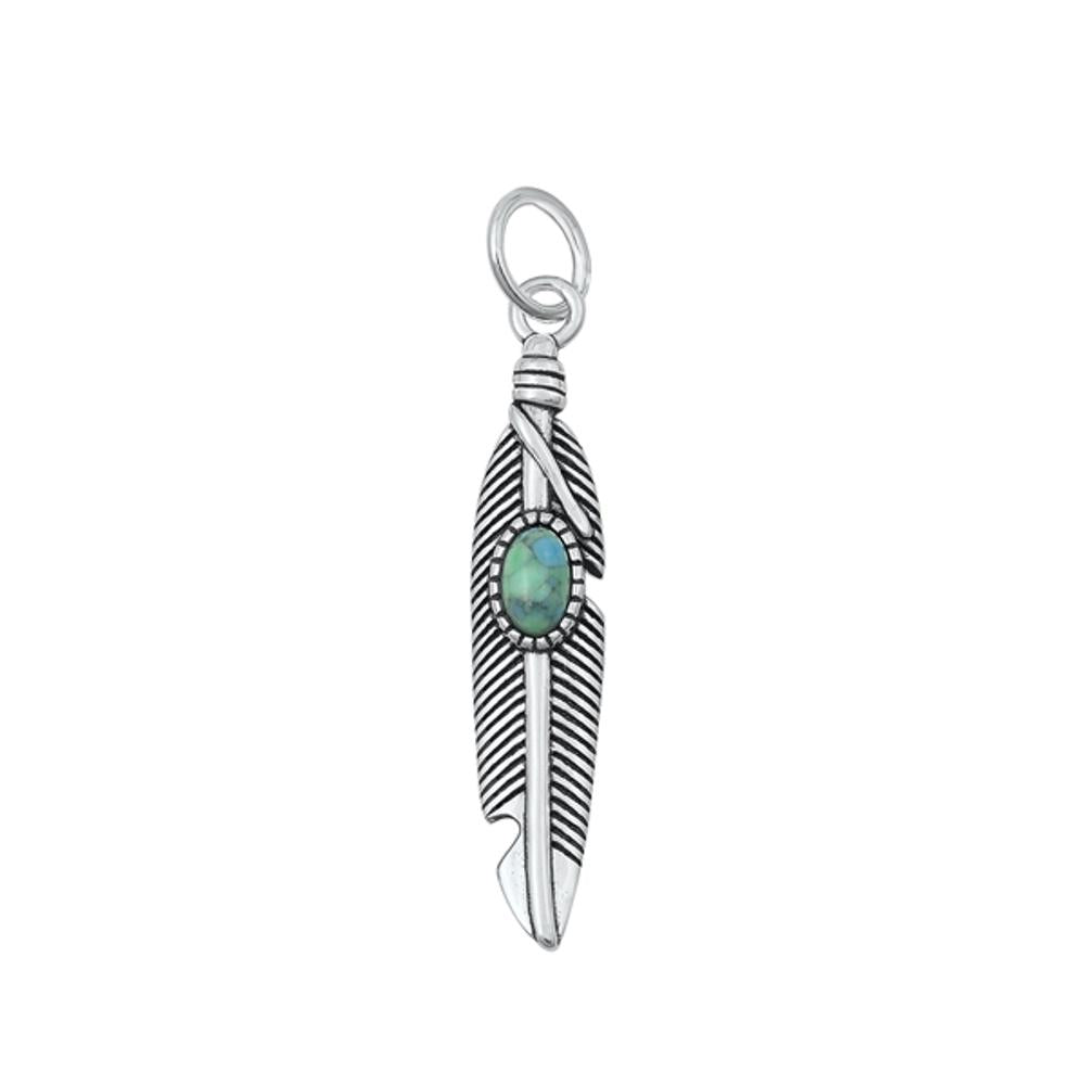 Sterling Silver Polished Native American Feather Pendant Turquoise Charm 925 New