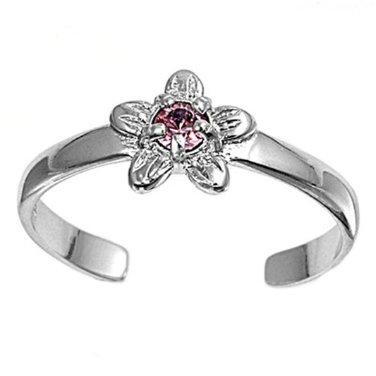 Flower Pink Simulated CZ .925 Sterling Silver Toe Ring