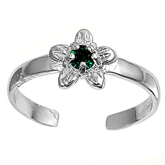Flower Plumeria Simulated Emerald .925 Sterling Silver Toe Ring