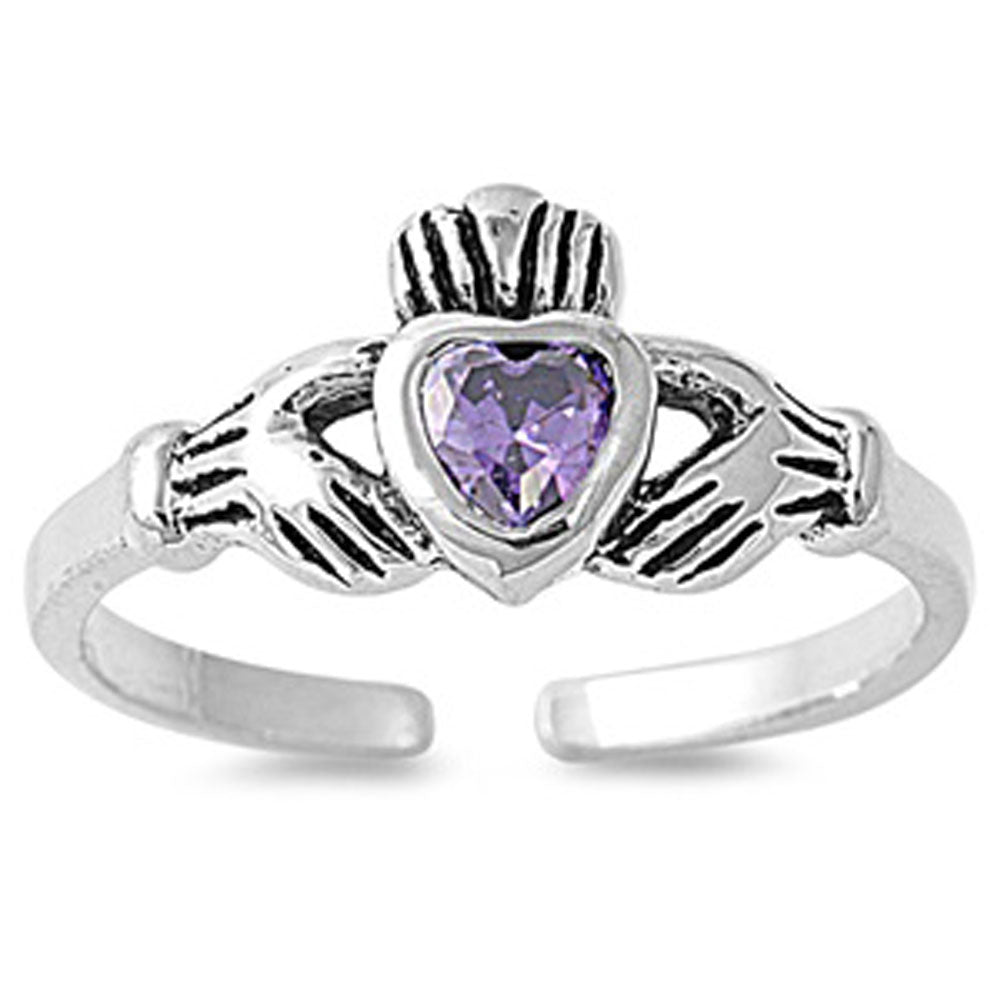 Heart Solitaire Claddagh Simulated Amethyst .925 Sterling Silver Toe Ring