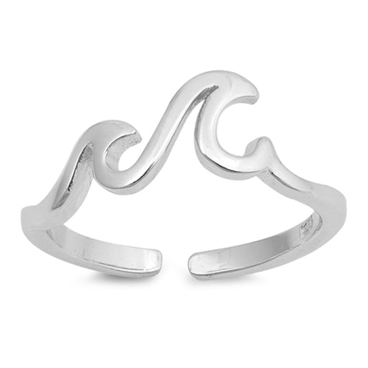 Sterling Silver Cute Wave Toe Ring High Polish Adjustable Midi Beach Band 925