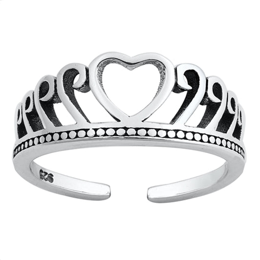 Sterling Silver Classic Heart Crown Toe Ring Cute Adjustable Midi Band 925 New