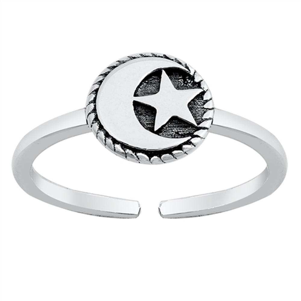 Sterling Silver Promise Moon & Star Toe Ring Oxidized Adjustable Midi Band 925