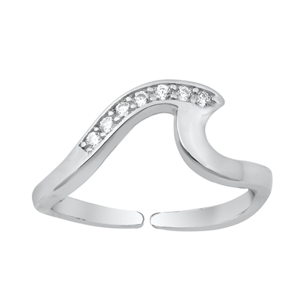 Sterling Silver Wholesale Clear CZ Ocean Wave Toe Ring Adjustable Midi Band 925