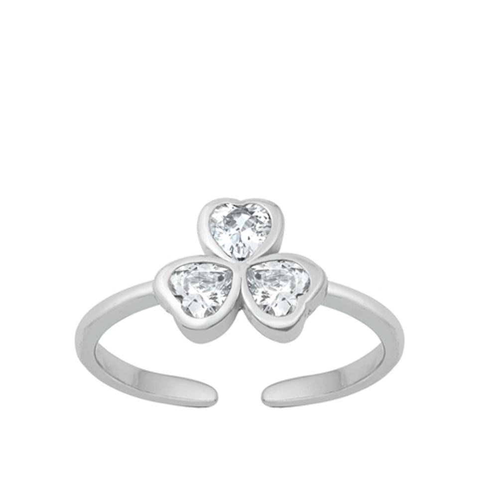 Sterling Silver Polished Clear CZ Shamrock Heart Ring Toe Midi Adjustable Band
