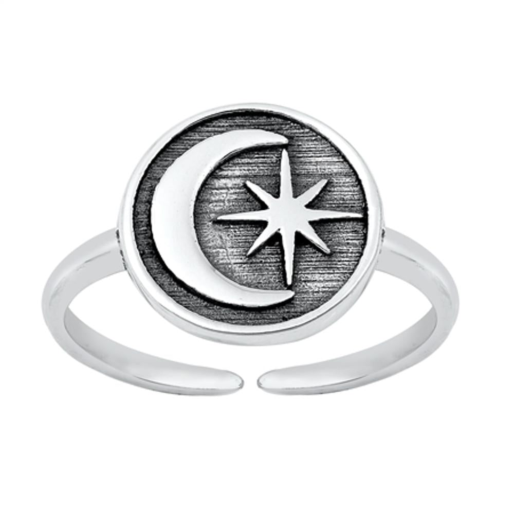Sterling Silver Unique Oxidized Moon Star Toe Ring Adjustable Midi Band 925 New