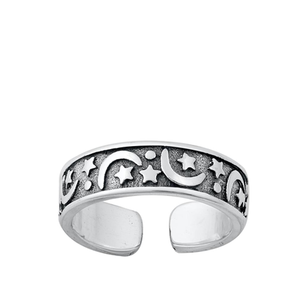 Sterling Silver Cute Moon & Stars Toe Ring Adjustable Oxidized Midi Band 925 New