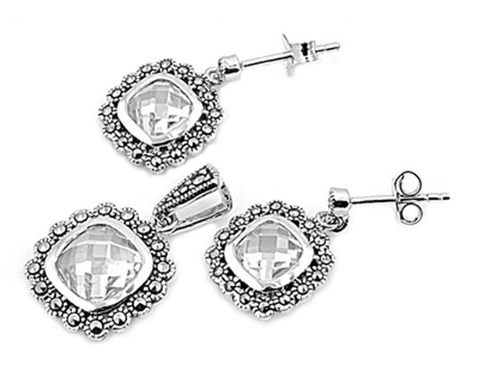 Round Halo Earrings Simulated Marcasite Clear Simulated CZ .925 Sterling Silver Pendant Set