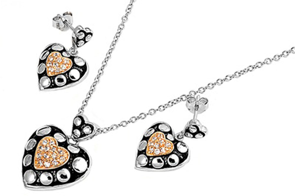Gold-Tone Heart Earrings Clear Simulated CZ .925 Sterling Silver Pendant Set