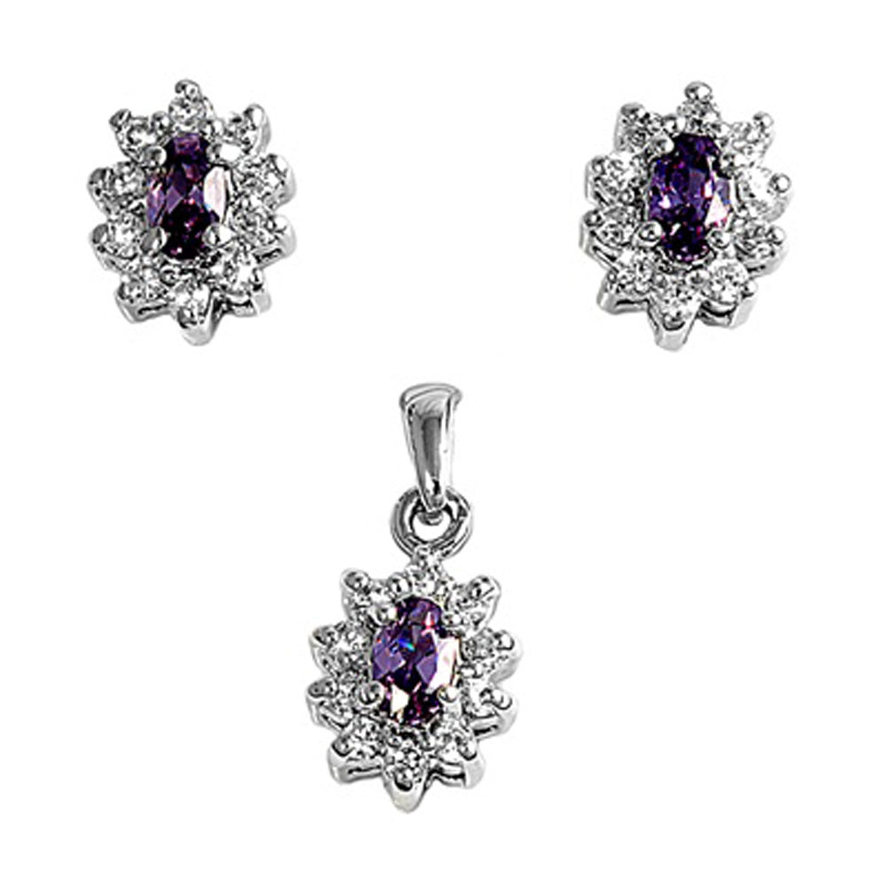 Halo Oval Earrings Simulated Amethyst Clear Simulated CZ .925 Sterling Silver Pendant Set