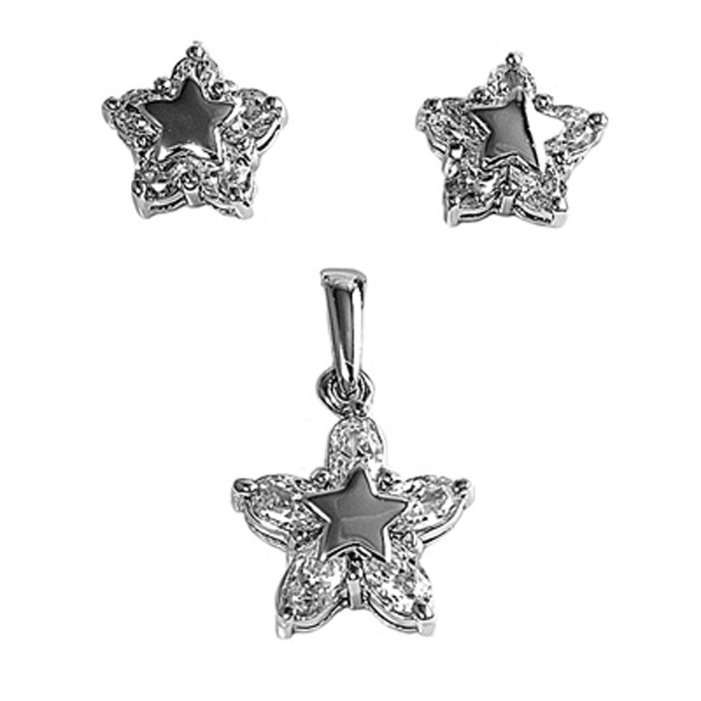 Star Halo Earrings Clear Simulated CZ .925 Sterling Silver Pendant Set