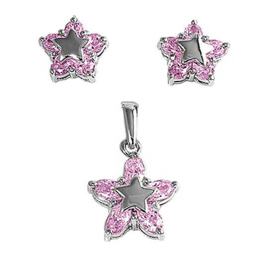 Star Halo Earrings Pink Simulated CZ .925 Sterling Silver Pendant Set