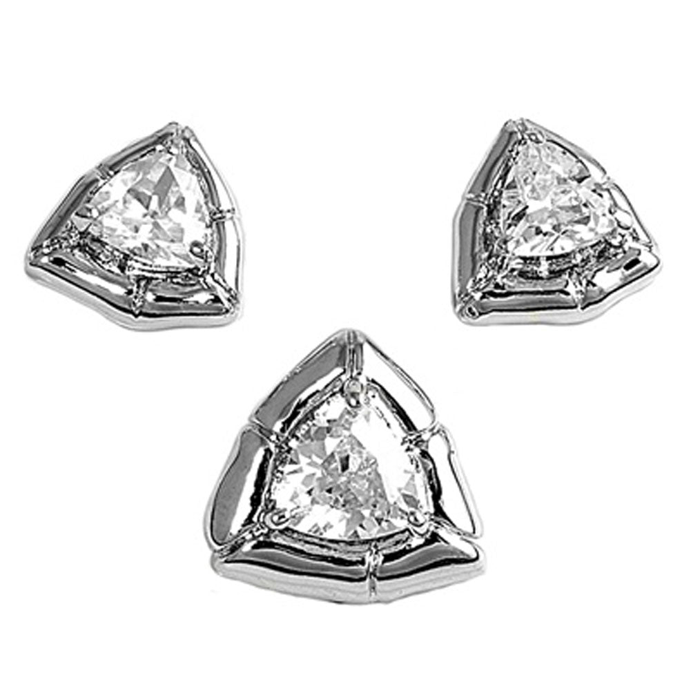 Trillion Earrings Clear Simulated CZ .925 Sterling Silver Pendant Set