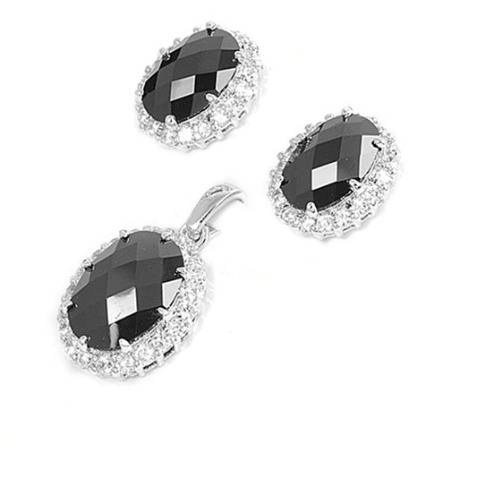 Halo Oval Earrings Black Simulated CZ Clear Simulated CZ .925 Sterling Silver Pendant Set