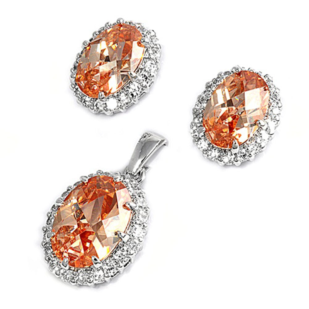 Halo Oval Earrings Champagne Simulated CZ Clear Simulated CZ .925 Sterling Silver Pendant Set