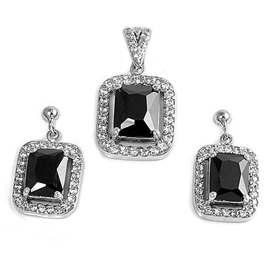 Halo Rectangle Earrings Black Simulated CZ Clear Simulated CZ .925 Sterling Silver Pendant Set