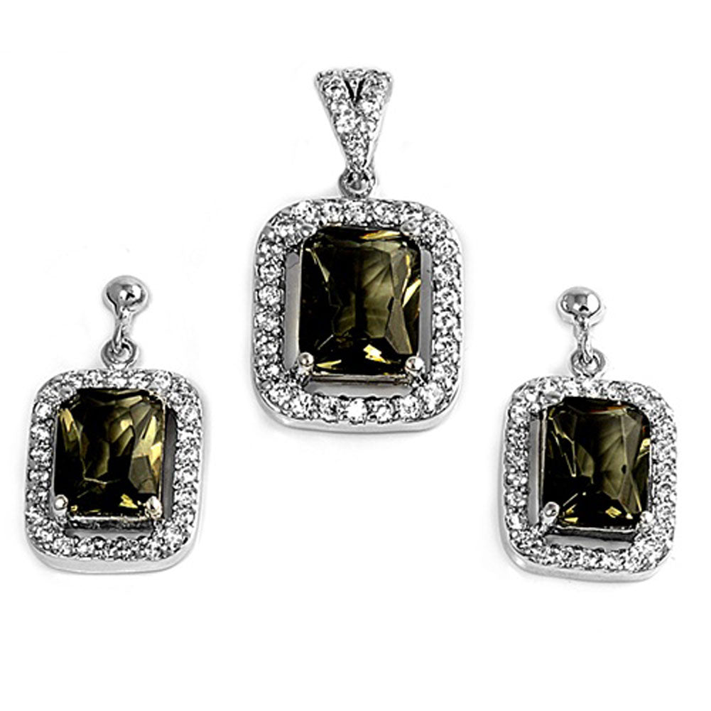 Halo Rectangle Earrings Olive Green Simulated CZ Clear Simulated CZ .925 Sterling Silver Pendant Set