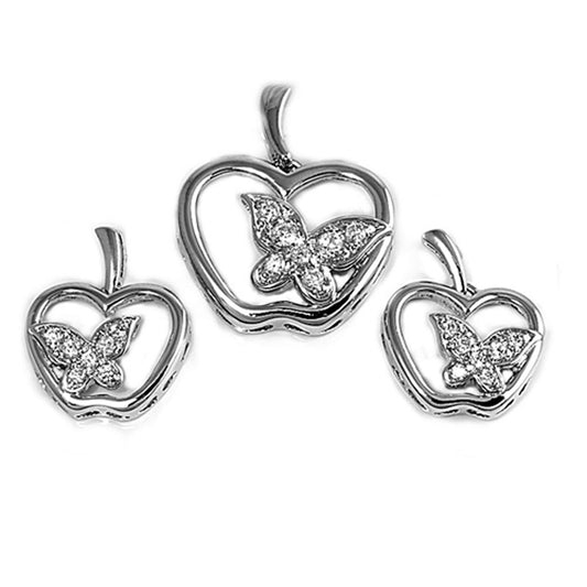 Butterfly Apple Earrings Clear Simulated CZ .925 Sterling Silver Pendant Set