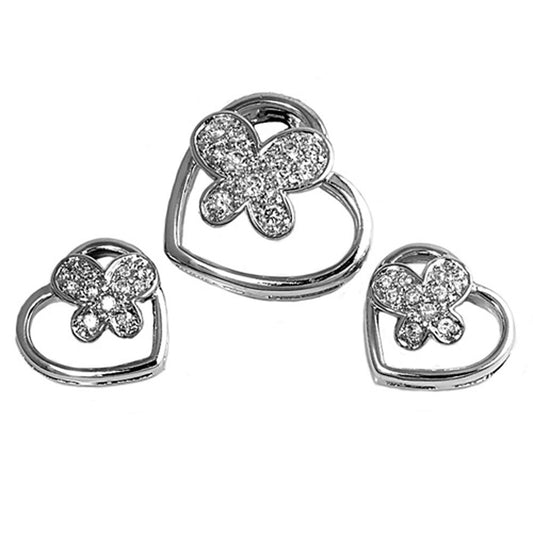 Butterfly Heart Earrings Clear Simulated CZ .925 Sterling Silver Pendant Set