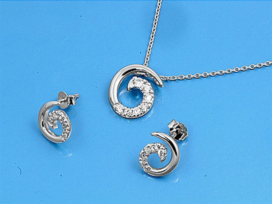 High Polish Sparkly Spiral Filigree Swirl Clear Simulated CZ .925 Sterling Silver Earrings Pendant Set