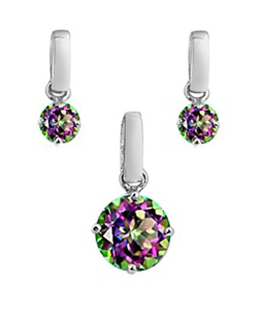Solitaire Round Earrings Rainbow Simulated Topaz .925 Sterling Silver Pendant Set