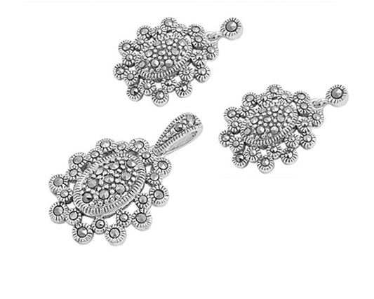 Oval Earrings Simulated Marcasite .925 Sterling Silver Pendant Set