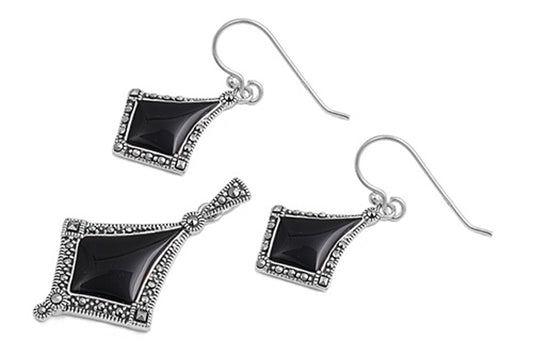 Tapered Rhombus Bali Style Bead Black Simulated Onyx .925 Sterling Silver Earrings Pendant Set