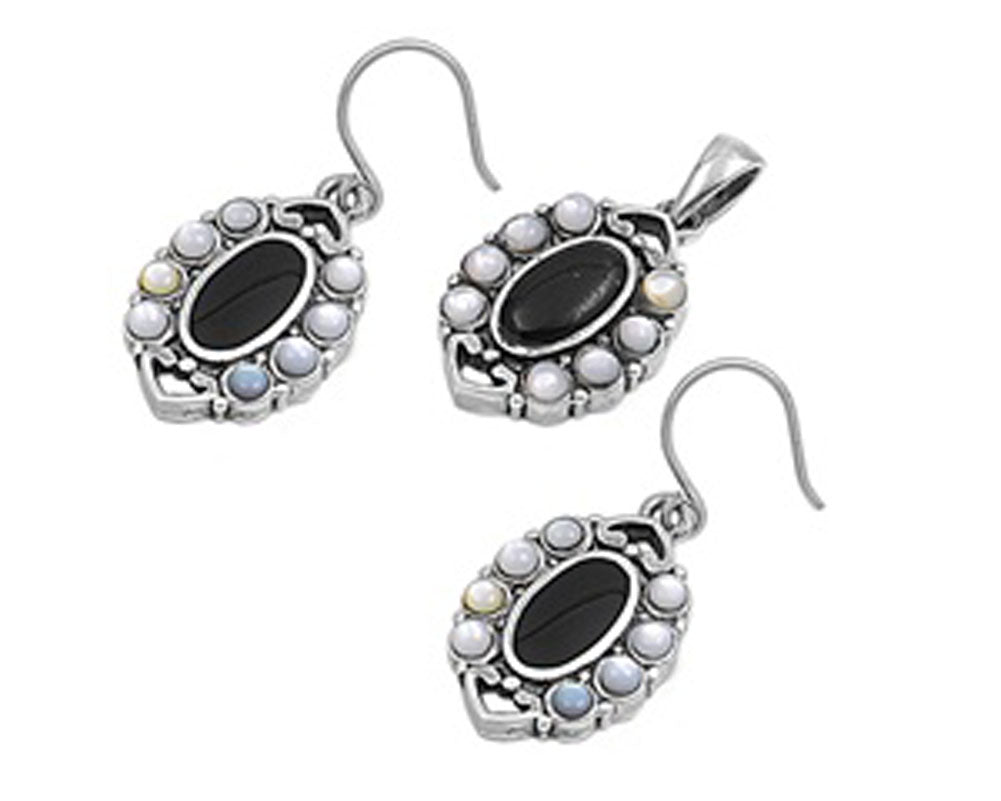 Oval Earrings Simulated Mother of Pearl Black Simulated Onyx .925 Sterling Silver Pendant Set