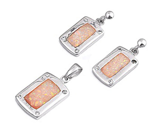 Rectangle Earrings White Simulated Opal .925 Sterling Silver Pendant Set